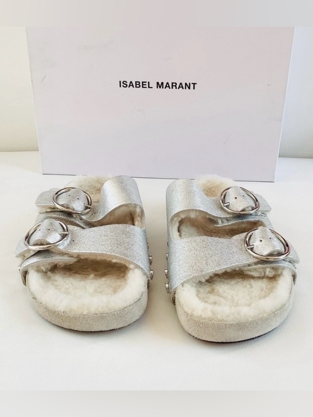 Isabel Marant Metallic Silver Shearling Slide Sandals SZ US 6/37